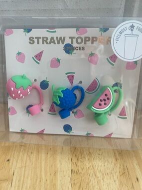 Set of 3 Fruit Silicone Straw Toppers - Strawberry, Blueberry, Watermelon NWT